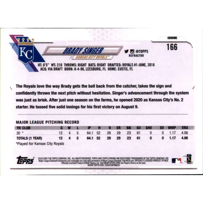 2021 Topps Chrome Refractor #166 Brady Singer NM-MT RC Rookie Kansas City Royals Baseball Card  Image 2