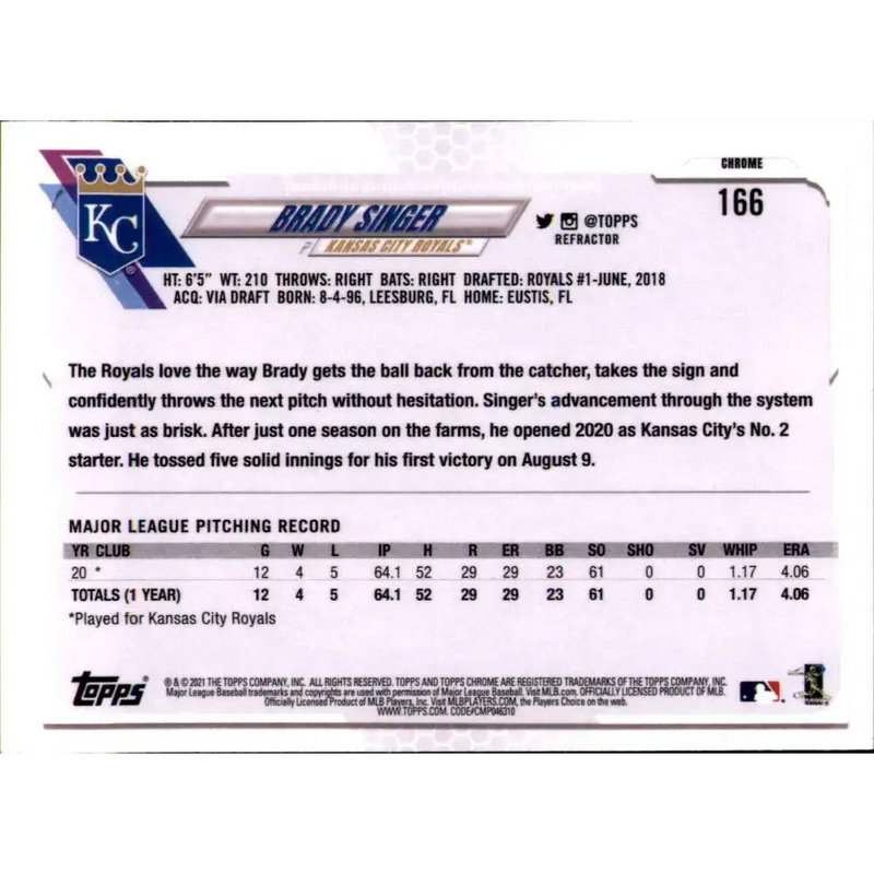 2021 Topps Chrome Refractor #166 Brady Singer NM-MT RC Rookie Kansas City Royals Baseball Card - Baseball Card Single