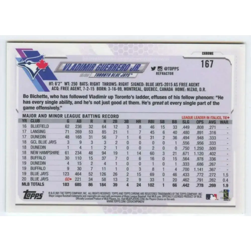 2021 Topps Chrome Refractor #167 Vladimir Guerrero Jr. NM/MT Toronto Blue Jays Baseball Card - Baseball Card Single