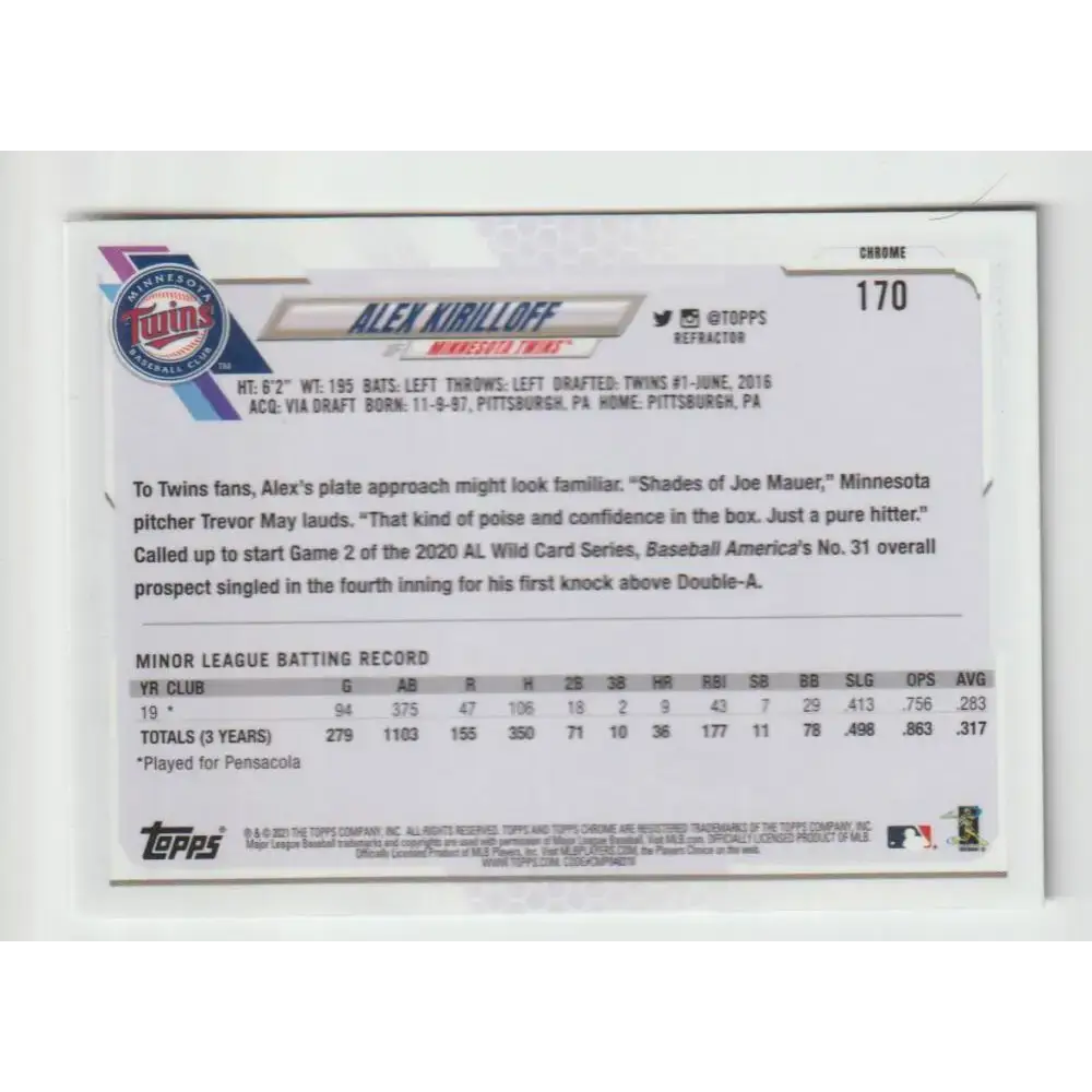 2021 Topps Chrome Refractor #170 Alex Kirilloff NM/MT RC Rookie Minnesota Twins Baseball Card - Baseball Card Single
