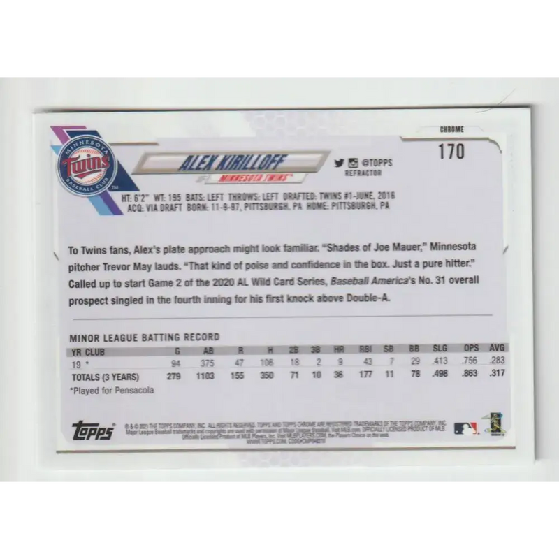 2021 Topps Chrome Refractor #170 Alex Kirilloff NM/MT RC Rookie Minnesota Twins Baseball Card - Baseball Card Single