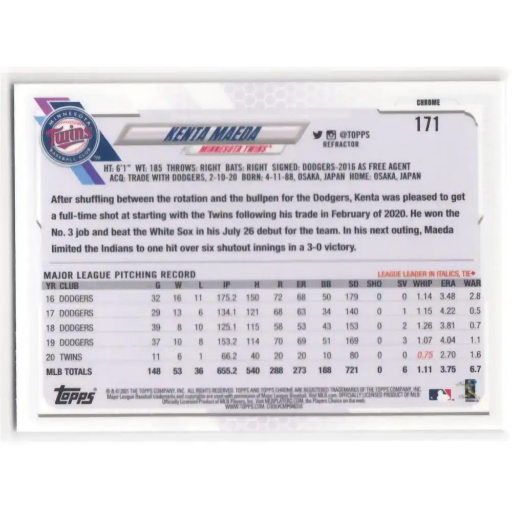 2021 Topps Chrome Refractor #171 Kenta Maeda NM/MT Minnesota Twins Baseball Card - Baseball Card Single