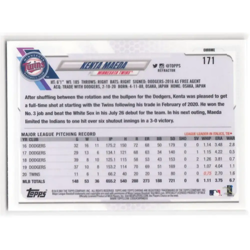 2021 Topps Chrome Refractor #171 Kenta Maeda NM/MT Minnesota Twins Baseball Card - Baseball Card Single