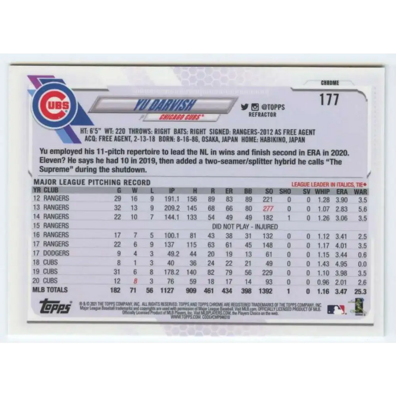 2021 Topps Chrome Refractor #177 Yu Darvish NM/MT Chicago Cubs Baseball Card - Baseball Card Single