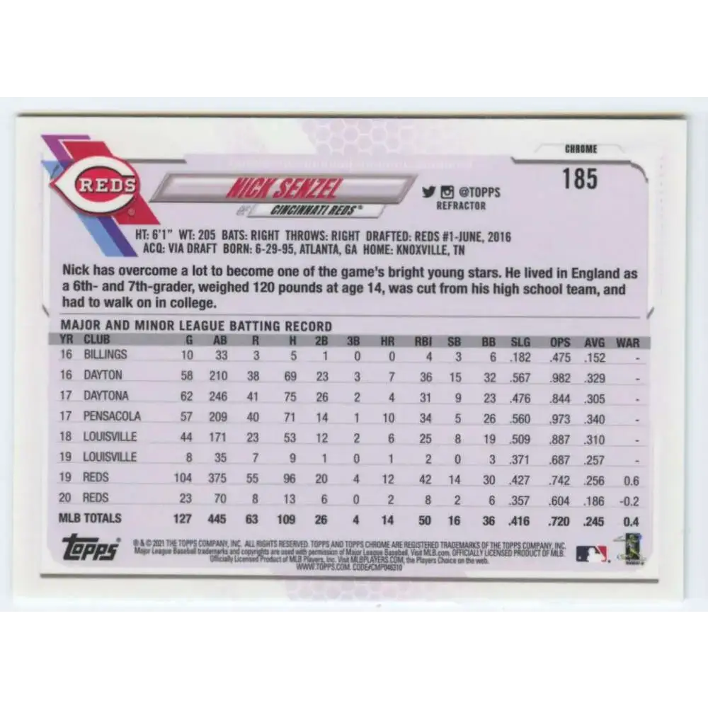 2021 Topps Chrome Refractor #185 Nick Senzel NM/MT Cincinnati Reds Baseball Card - Baseball Card Single