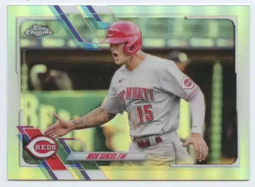 Nick Senzel baseball card 2021 Topps Chrome Refractor with original gloss Reds