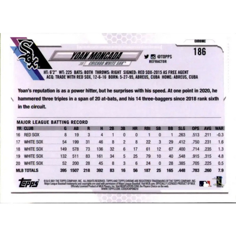 2021 Topps Chrome Refractor #186 Yoan Moncada NM/MT Chicago White Sox Baseball Card - Baseball Card Single