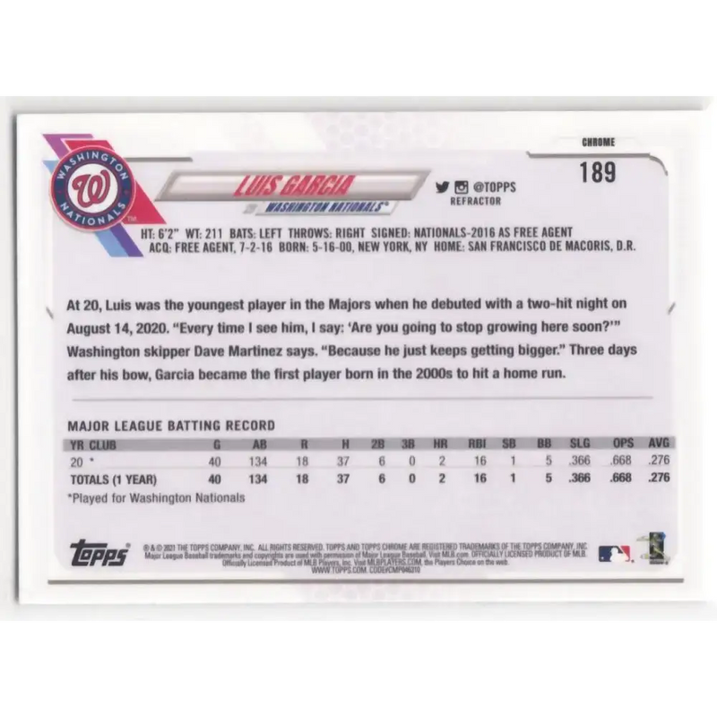 2021 Topps Chrome Refractor #189 Luis Garcia NM/MT RC Rookie Washington Nationals Baseball Card - Baseball Card Single