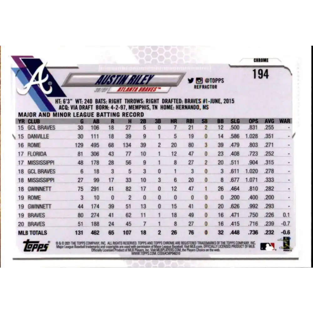 2021 Topps Chrome Refractor #194 Austin Riley NM/MT Atlanta Braves Baseball Card - Baseball Card Single