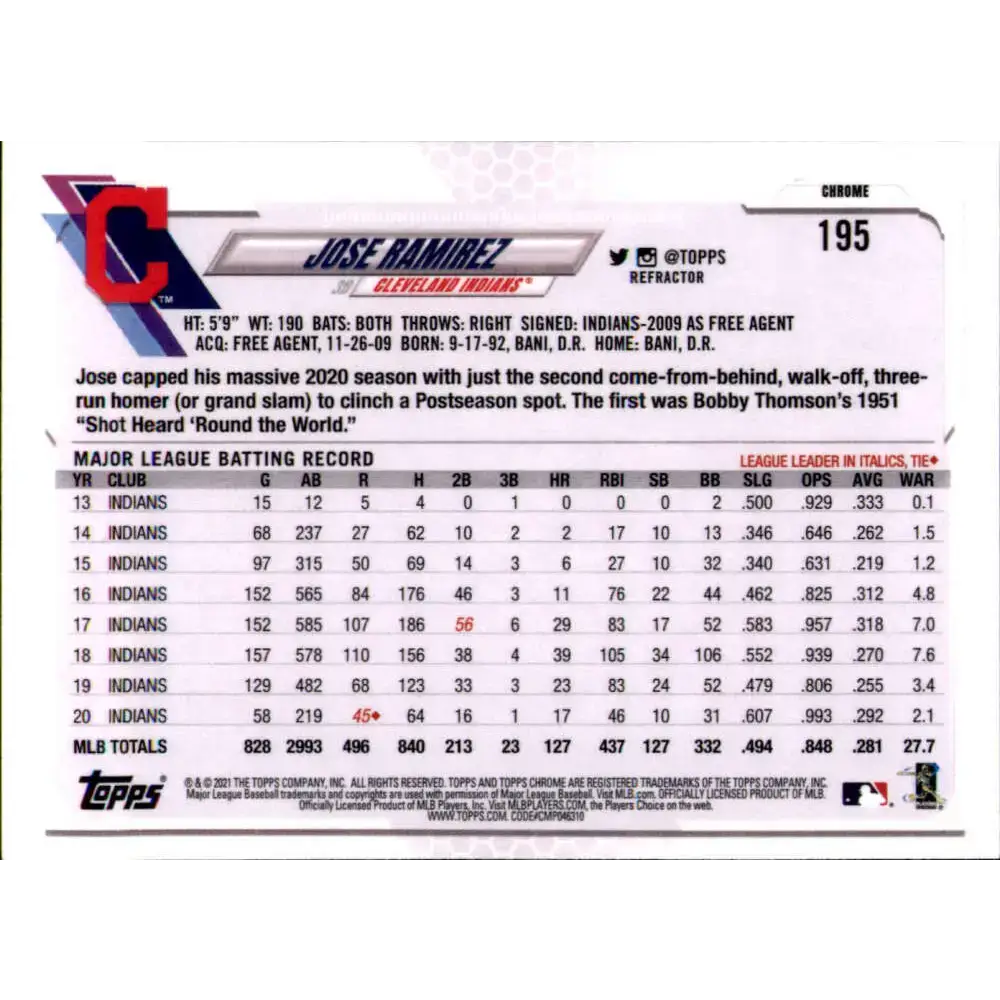 2021 Topps Chrome Refractor #195 Jose Ramirez NM/MT Cleveland Indians Baseball Card - Baseball Card Single