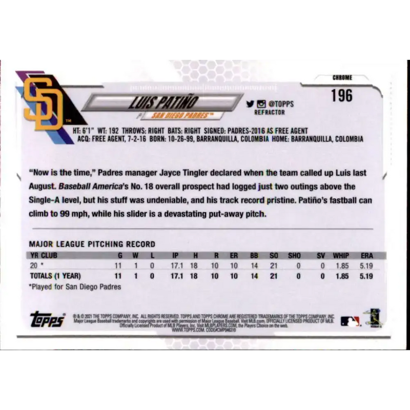 2021 Topps Chrome Refractor #196 Luis Patino NM/MT RC Rookie San Diego Padres Baseball Card - Baseball Card Single