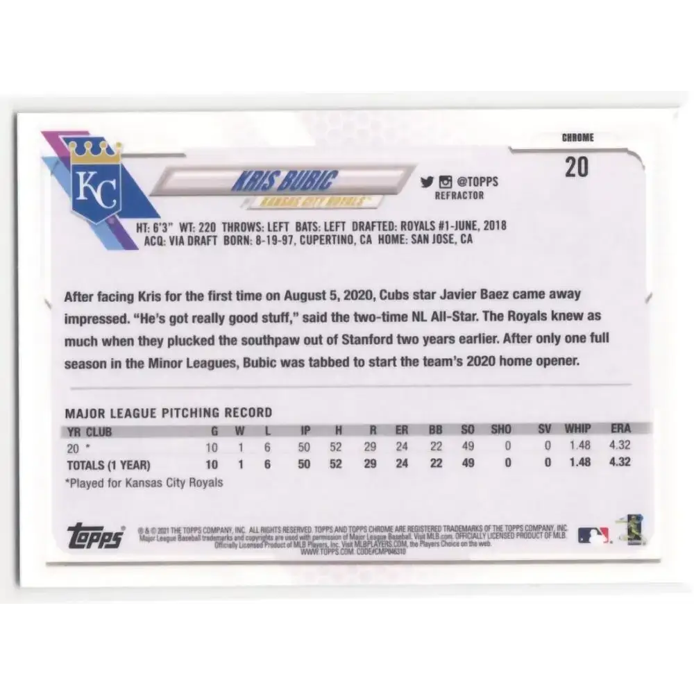 2021 Topps Chrome Refractor #20 Kris Bubic NM/MT RC Rookie Kansas City Royals Baseball Card - Baseball Card Single