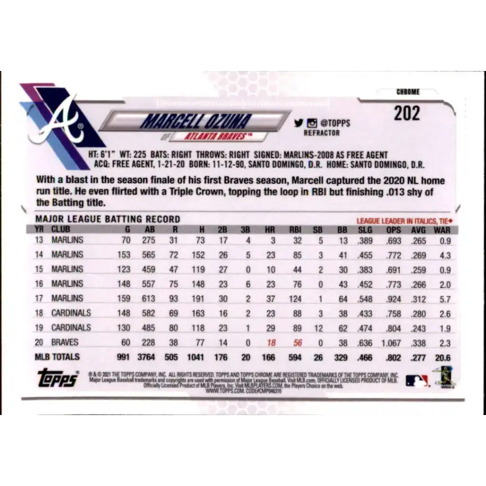 2021 Topps Chrome Refractor #202 Marcell Ozuna NM/MT Atlanta Braves Baseball Card - Baseball Card Single