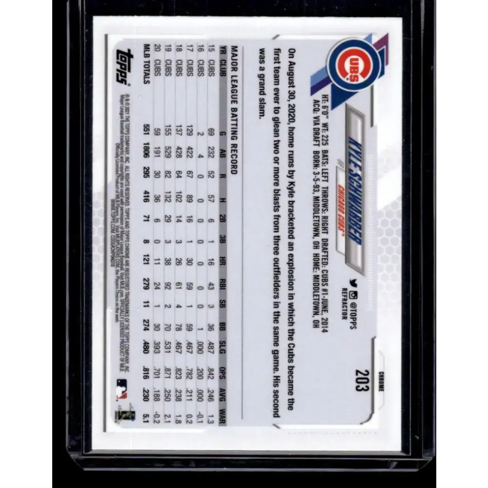 2021 Topps Chrome Refractor #203 Kyle Schwarber NM/MT Chicago Cubs Baseball Card - Baseball Card Single