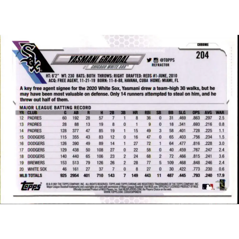 2021 Topps Chrome Refractor #204 Yasmani Grandal NM/MT Chicago White Sox Baseball Card - Baseball Card Single