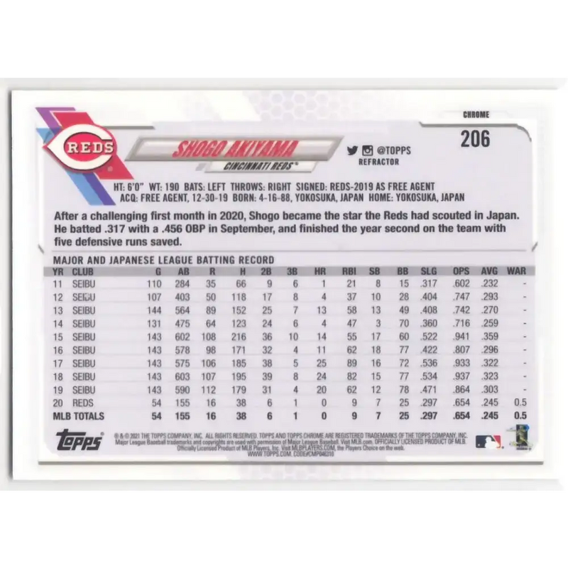 2021 Topps Chrome Refractor #206 Shogo Akiyama NM/MT Cincinnati Reds Baseball Card - Baseball Card Single