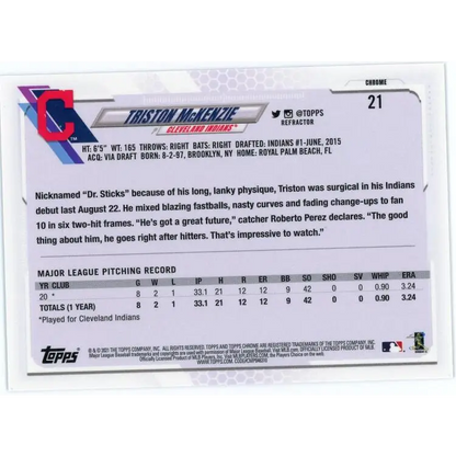 2021 Topps Chrome Refractor #21 Triston McKenzie NM-MT RC Rookie Cleveland Indians Baseball Card  Image 2