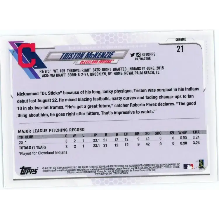 2021 Topps Chrome Refractor #21 Triston McKenzie NM-MT RC Rookie Cleveland Indians Baseball Card - Baseball Card Single