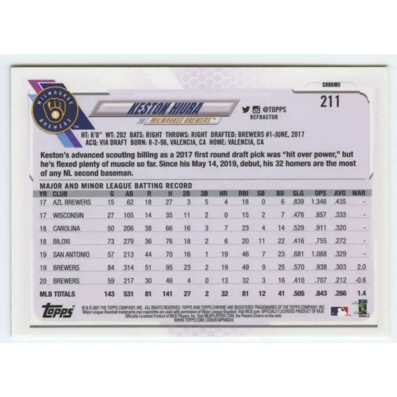 2021 Topps Chrome Refractor #211 Keston Hiura NM/MT Milwaukee Brewers Baseball Card - Baseball Card Single