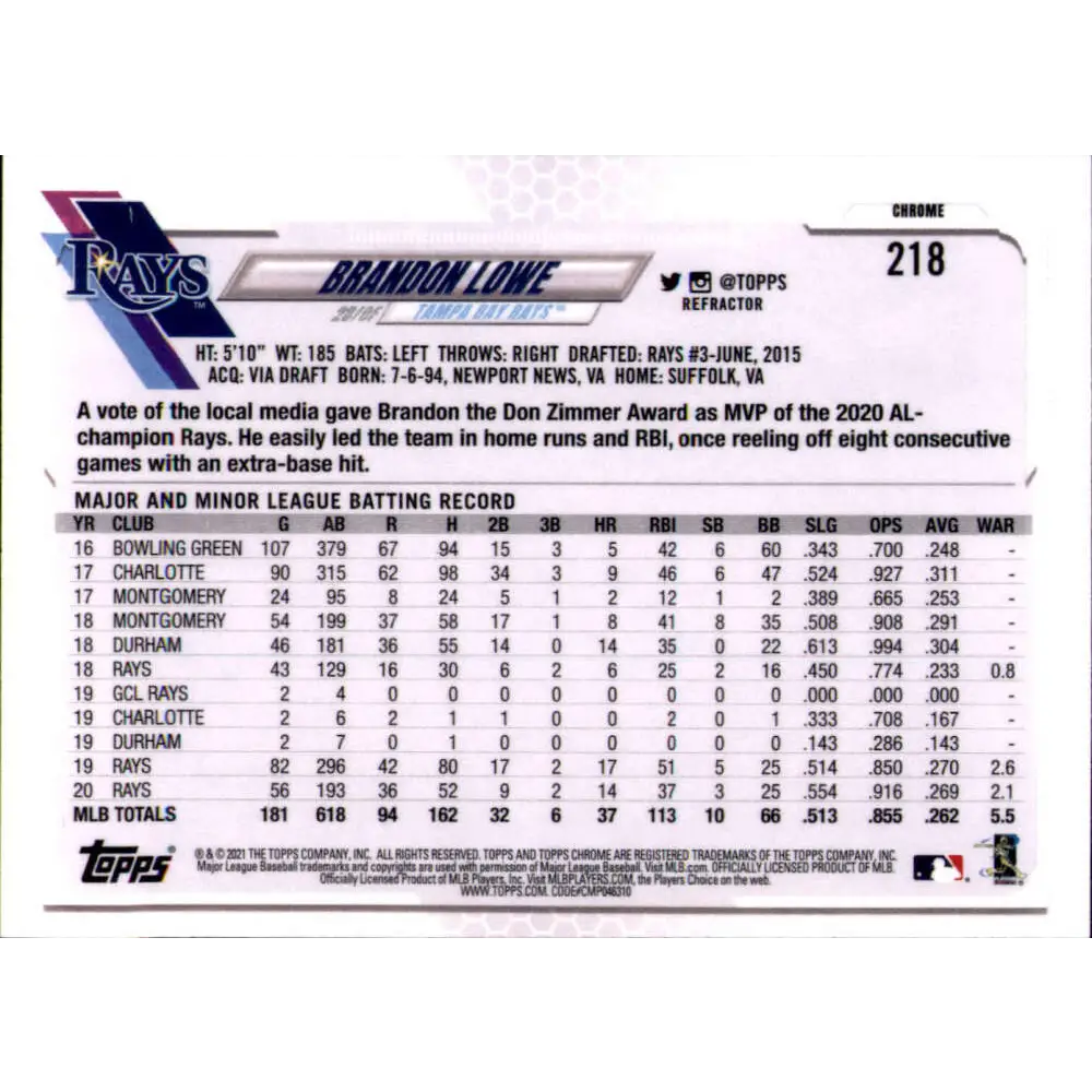 2021 Topps Chrome Refractor #218 Brandon Lowe NM-MT Tampa Bay Rays Baseball Card  Image 2