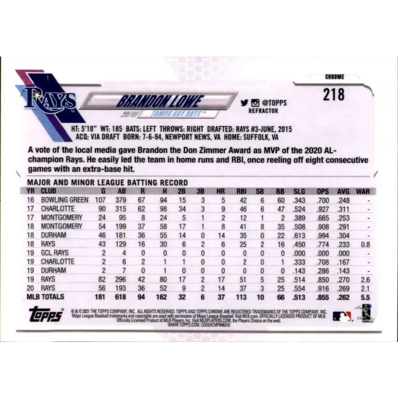 2021 Topps Chrome Refractor #218 Brandon Lowe NM-MT Tampa Bay Rays Baseball Card - Baseball Card Single