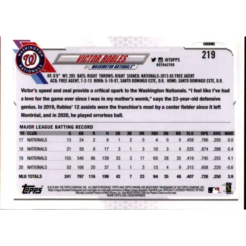 2021 Topps Chrome Refractor #219 Victor Robles NM/MT Washington Nationals Baseball Card - Baseball Card Single
