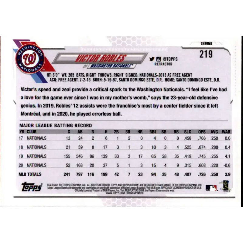 2021 Topps Chrome Refractor #219 Victor Robles NM/MT Washington Nationals Baseball Card - Baseball Card Single