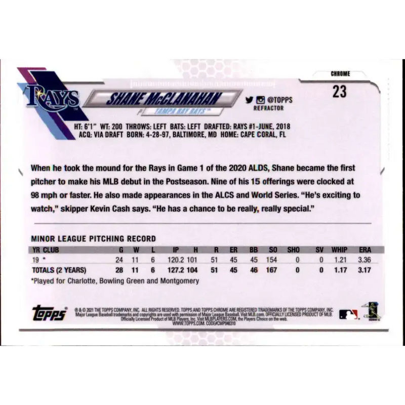 2021 Topps Chrome Refractor #23 Shane McClanahan NM/MT RC Rookie Tampa Bay Rays Baseball Card - Baseball Card Single