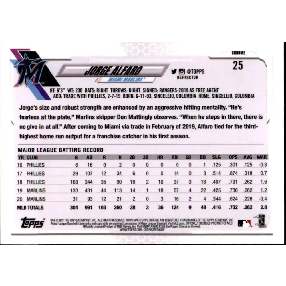 2021 Topps Chrome Refractor #25 Jorge Alfaro NM/MT Miami Marlins Baseball Card - Baseball Card Single