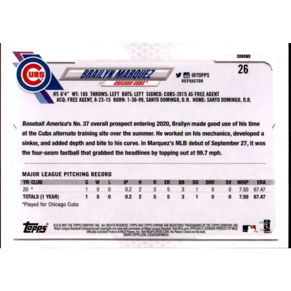 2021 Topps Chrome Refractor #26 Brailyn Marquez NM/MT RC Rookie Chicago Cubs Baseball Card - Baseball Card Single