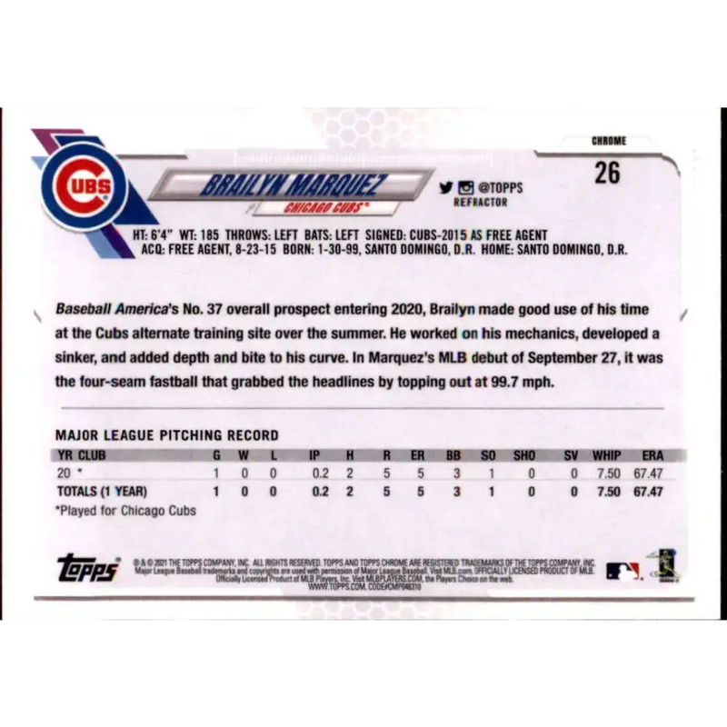 2021 Topps Chrome Refractor #26 Brailyn Marquez NM/MT RC Rookie Chicago Cubs Baseball Card - Baseball Card Single