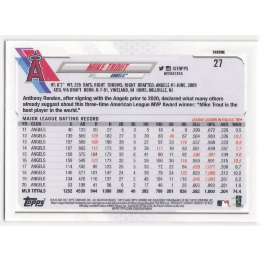2021 Topps Chrome Refractor #27 Mike Trout NM/MT Los Angeles Angels Baseball Card - Baseball Card Single