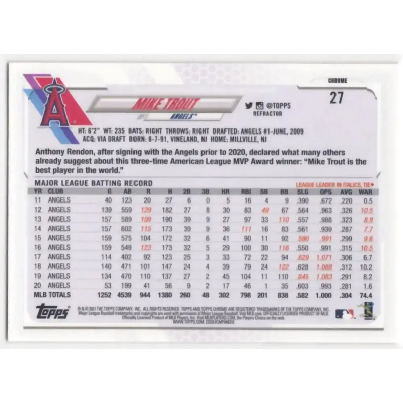 2021 Topps Chrome Refractor #27 Mike Trout NM/MT Los Angeles Angels Baseball Card - Baseball Card Single