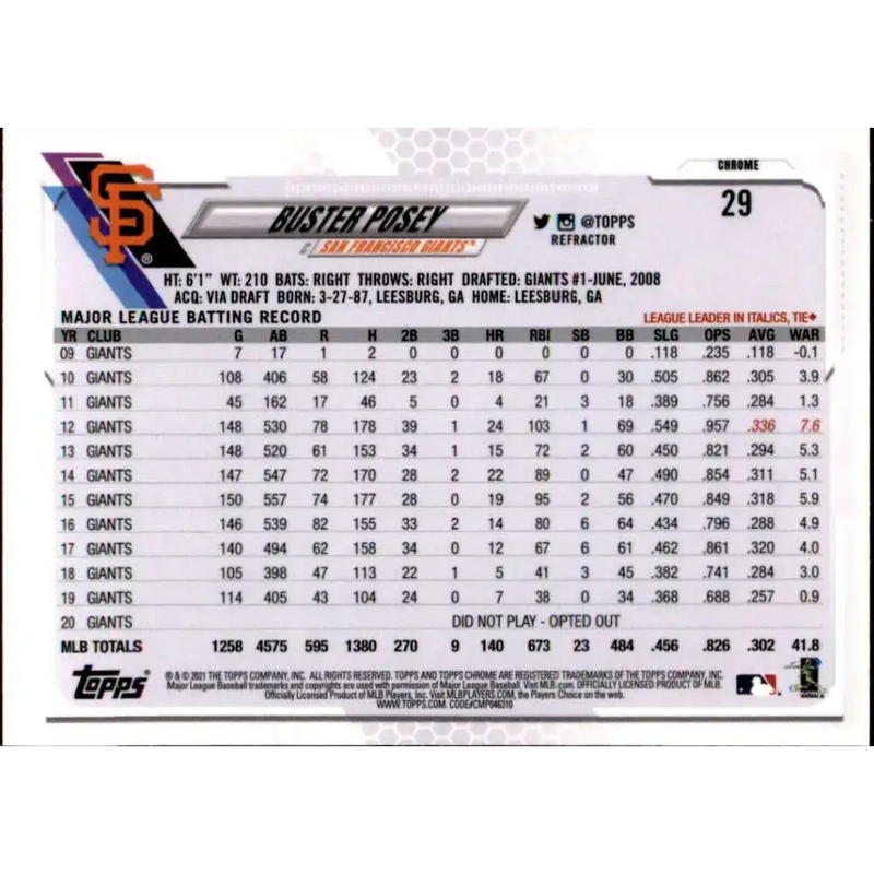 2021 Topps Chrome Refractor #29 Buster Posey NM/MT San Francisco Giants Baseball Card - Baseball Card Single