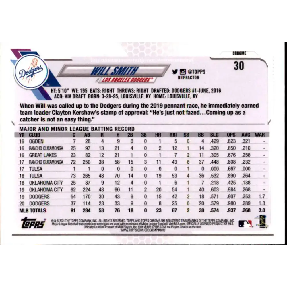 2021 Topps Chrome Refractor #30 Will Smith NM/MT Los Angeles Dodgers Baseball Card - Baseball Card Single