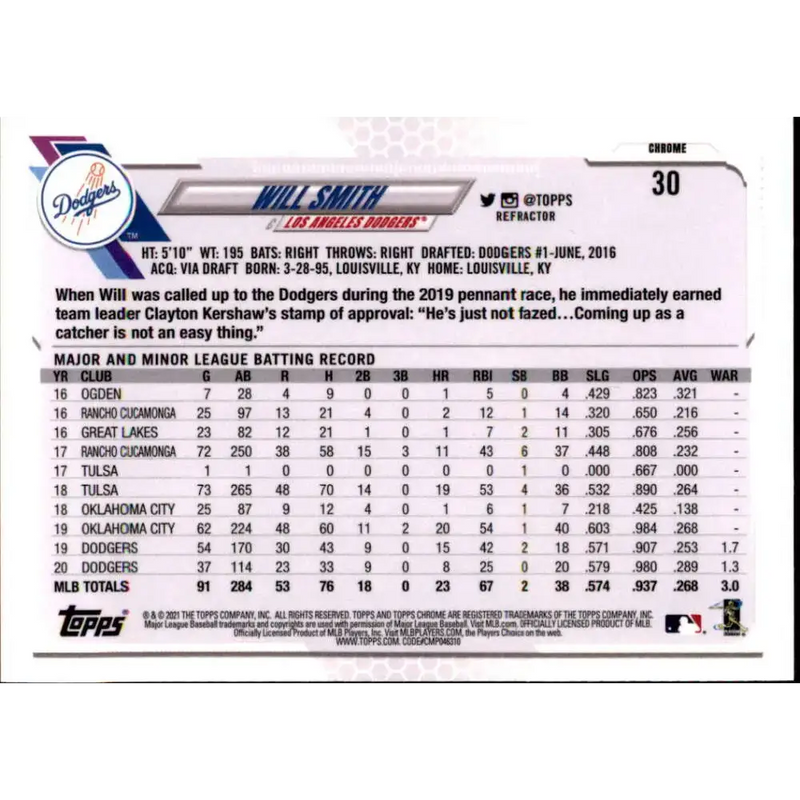 2021 Topps Chrome Refractor #30 Will Smith NM/MT Los Angeles Dodgers Baseball Card - Baseball Card Single