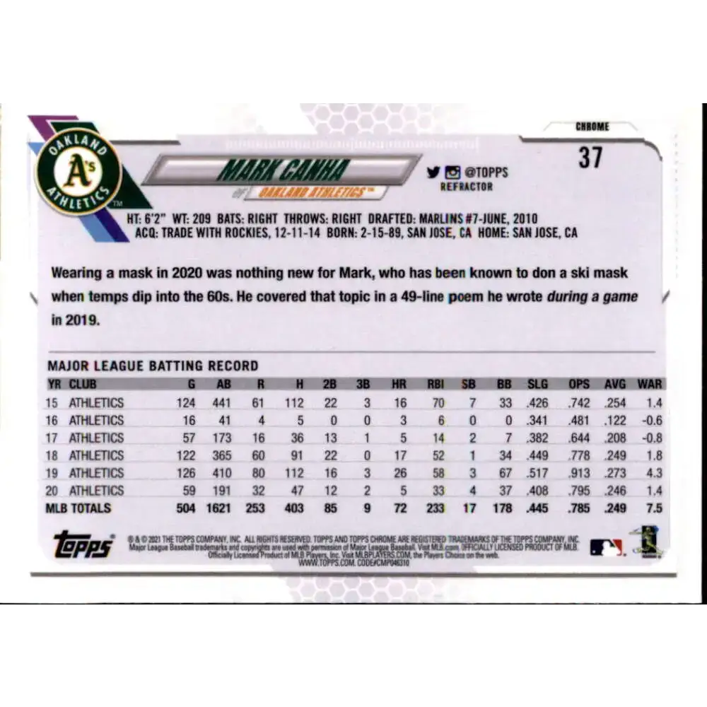 2021 Topps Chrome Refractor #37 Mark Canha NM/MT Oakland Athletics Baseball Card - Baseball Card Single
