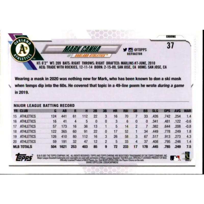 2021 Topps Chrome Refractor #37 Mark Canha NM/MT Oakland Athletics Baseball Card - Baseball Card Single