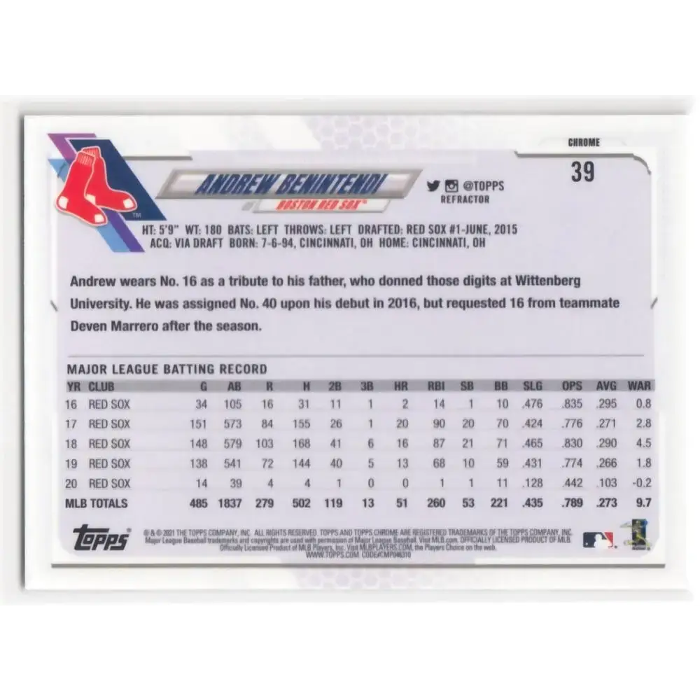 2021 Topps Chrome Refractor #39 Andrew Benintendi NM/MT Boston Red Sox Baseball Card - Baseball Card Single