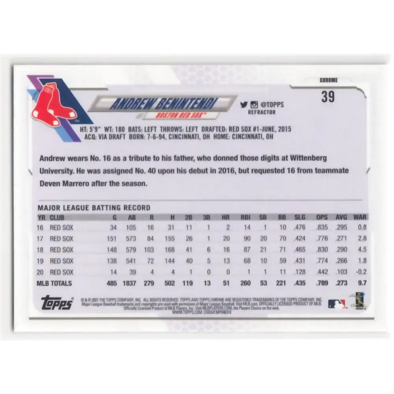 2021 Topps Chrome Refractor #39 Andrew Benintendi NM/MT Boston Red Sox Baseball Card - Baseball Card Single
