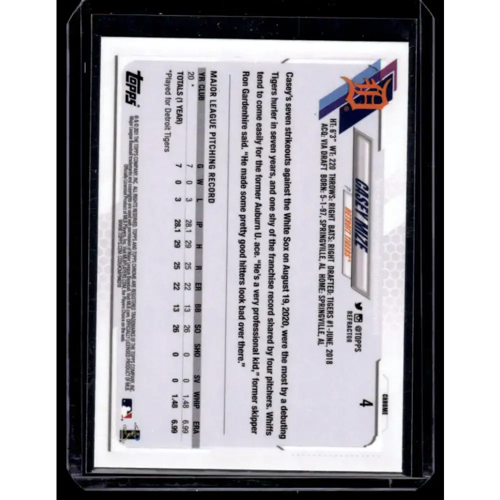 2021 Topps Chrome Refractor #4 Casey Mize NM/MT RC Rookie Detroit Tigers Baseball Card - Baseball Card Single