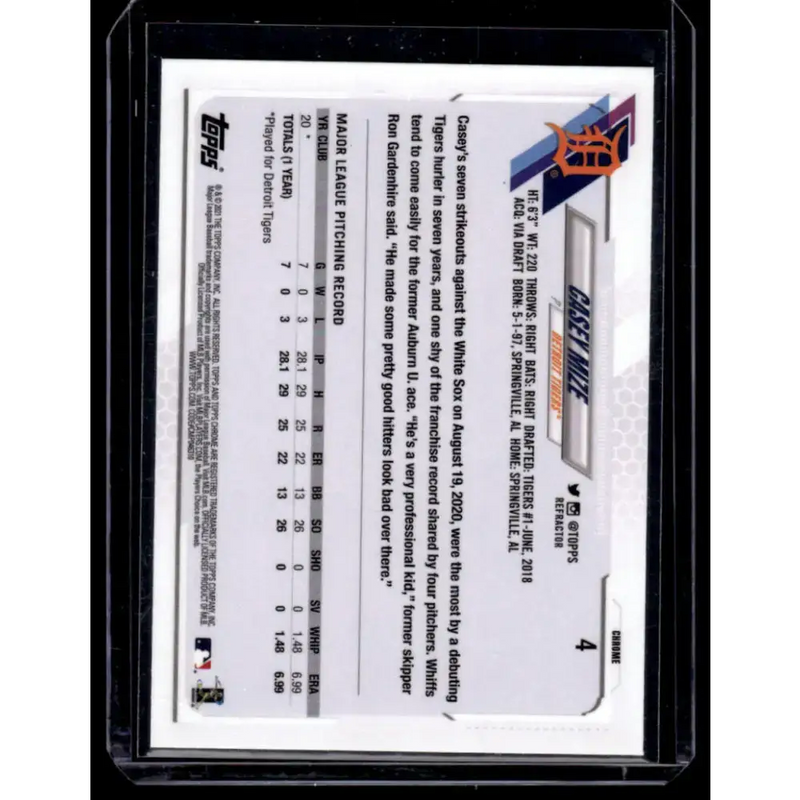 2021 Topps Chrome Refractor #4 Casey Mize NM/MT RC Rookie Detroit Tigers Baseball Card - Baseball Card Single