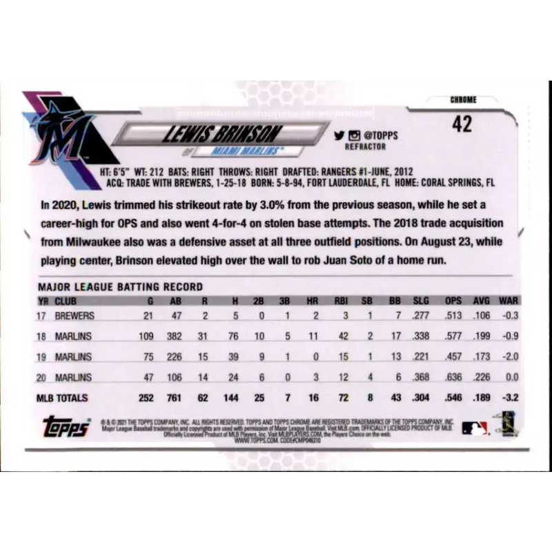 2021 Topps Chrome Refractor #42 Lewis Brinson NM/MT Miami Marlins Baseball Card - Baseball Card Single