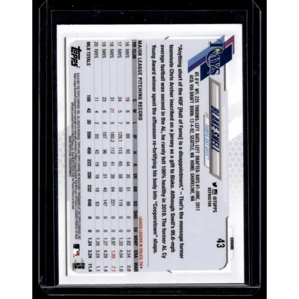 2021 Topps Chrome Refractor #43 Blake Snell NM/MT Tampa Bay Rays Baseball Card - Baseball Card Single