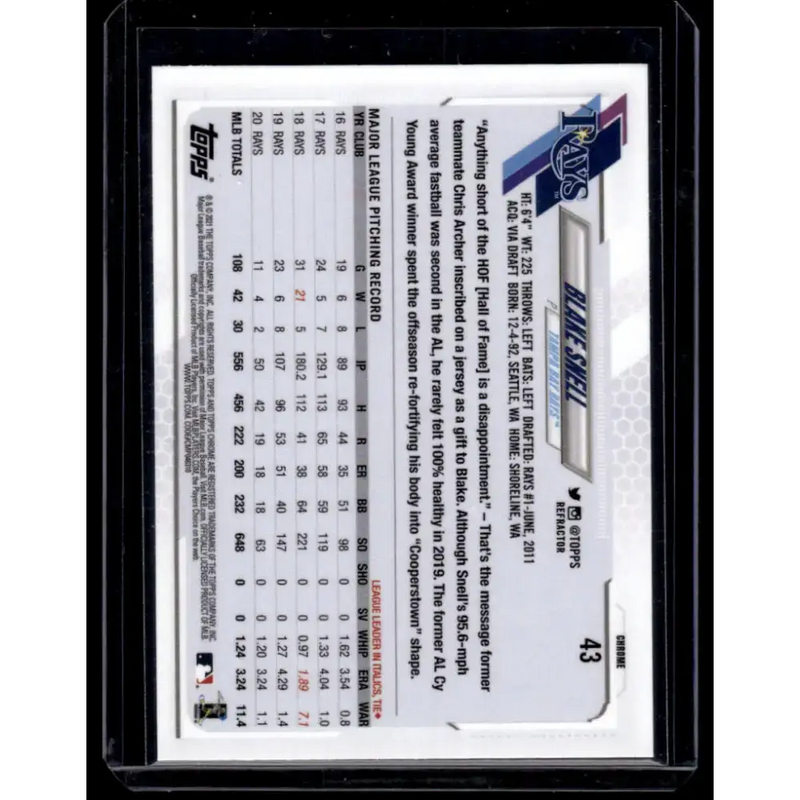 2021 Topps Chrome Refractor #43 Blake Snell NM/MT Tampa Bay Rays Baseball Card - Baseball Card Single