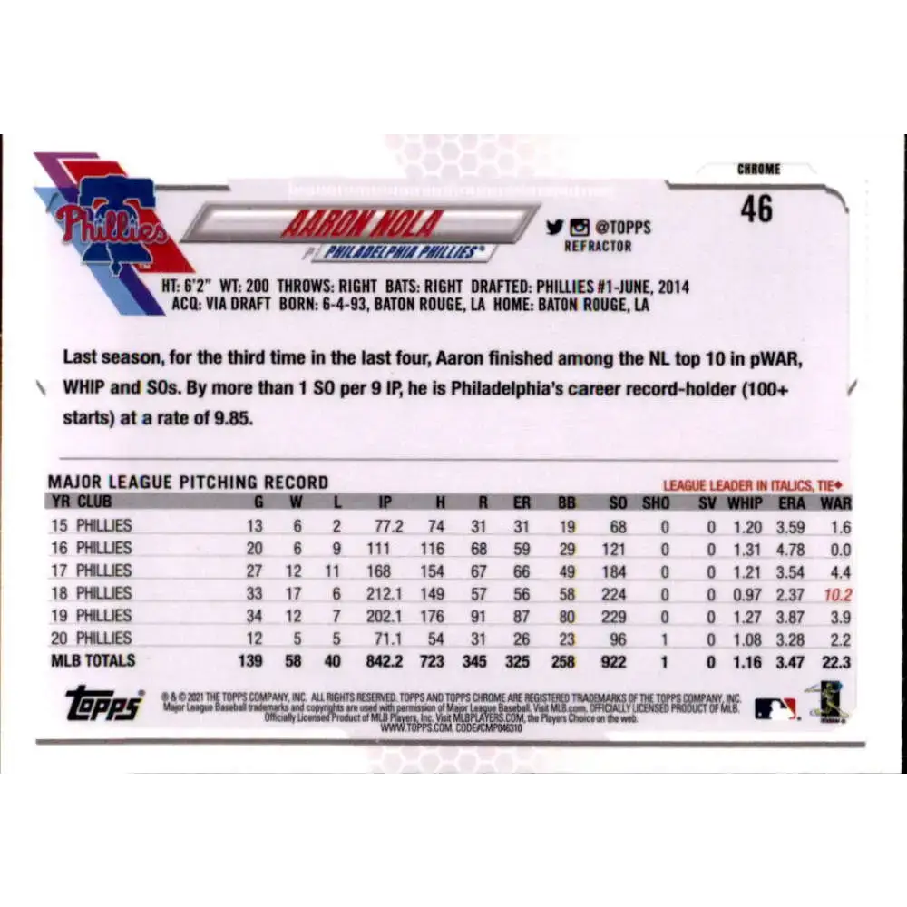 2021 Topps Chrome Refractor #46 Aaron Nola NM/MT Philadelphia Phillies Baseball Card - Baseball Card Single