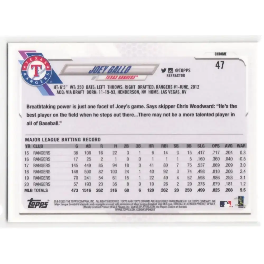 2021 Topps Chrome Refractor #47 Joey Gallo NM/MT Texas Rangers Baseball Card - Baseball Card Single