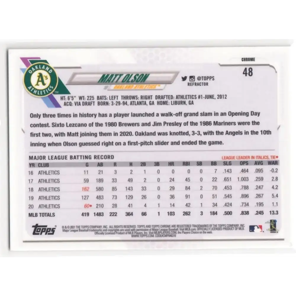 2021 Topps Chrome Refractor #48 Matt Olson NM/MT Oakland Athletics Baseball Card - Baseball Card Single