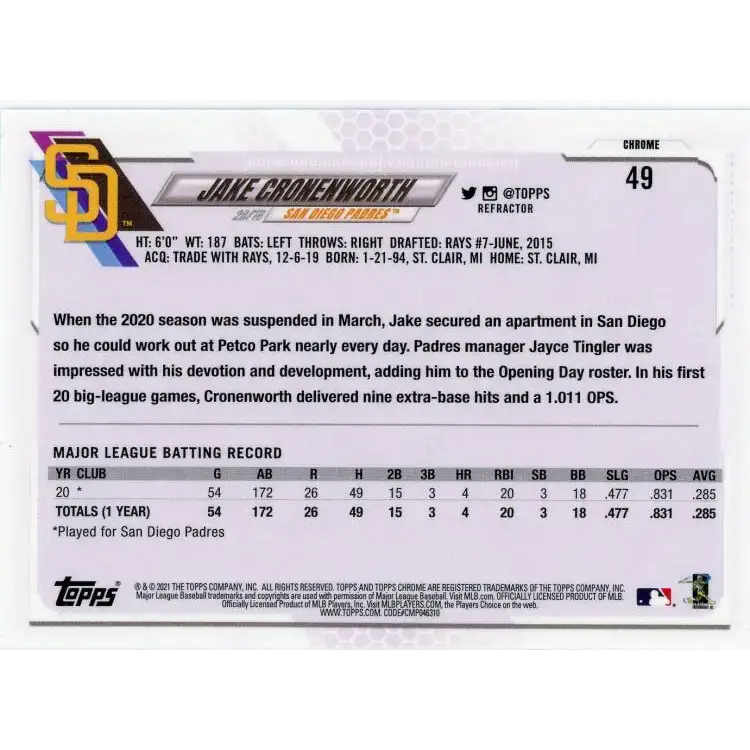 2021 Topps Chrome Refractor #49 Jake Cronenworth NM/MT RC Rookie San Diego Padres Baseball Card - Baseball Card Single