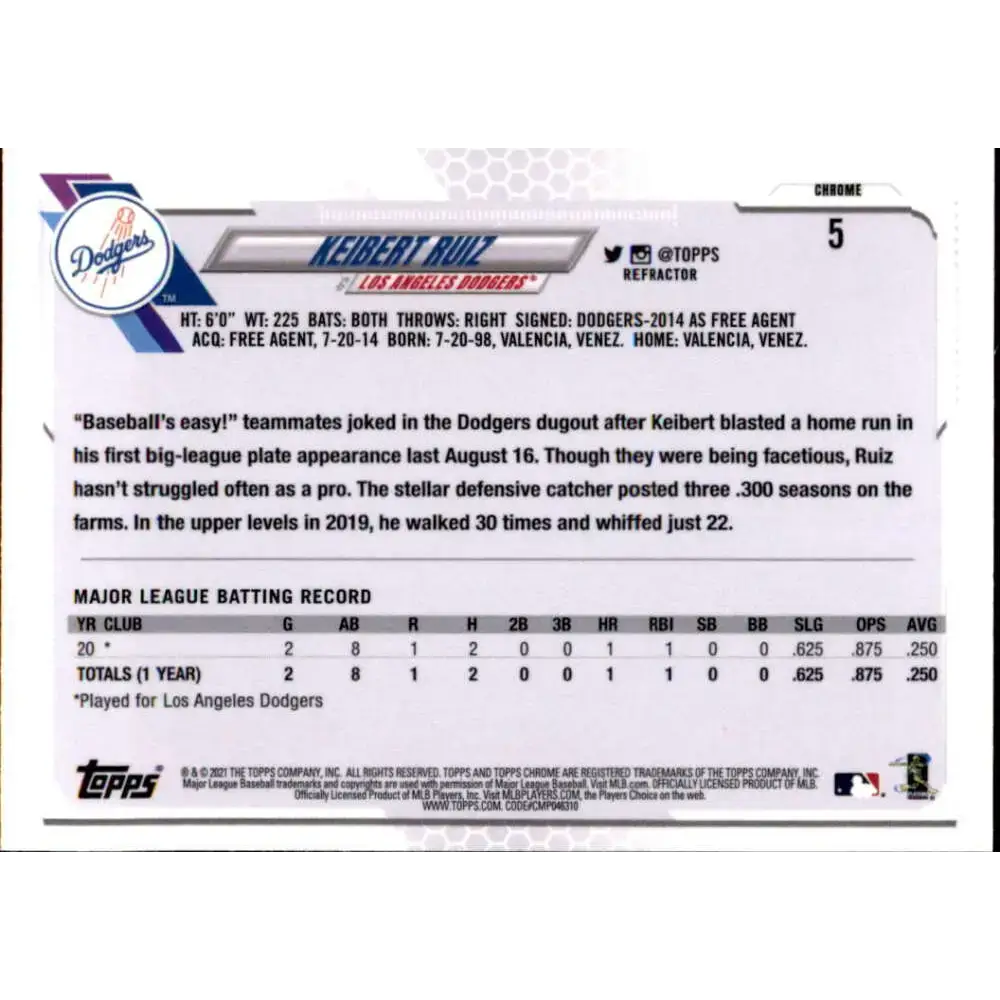 2021 Topps Chrome Refractor #5 Keibert Ruiz NM/MT RC Rookie Los Angeles Dodgers Baseball Card - Baseball Card Single